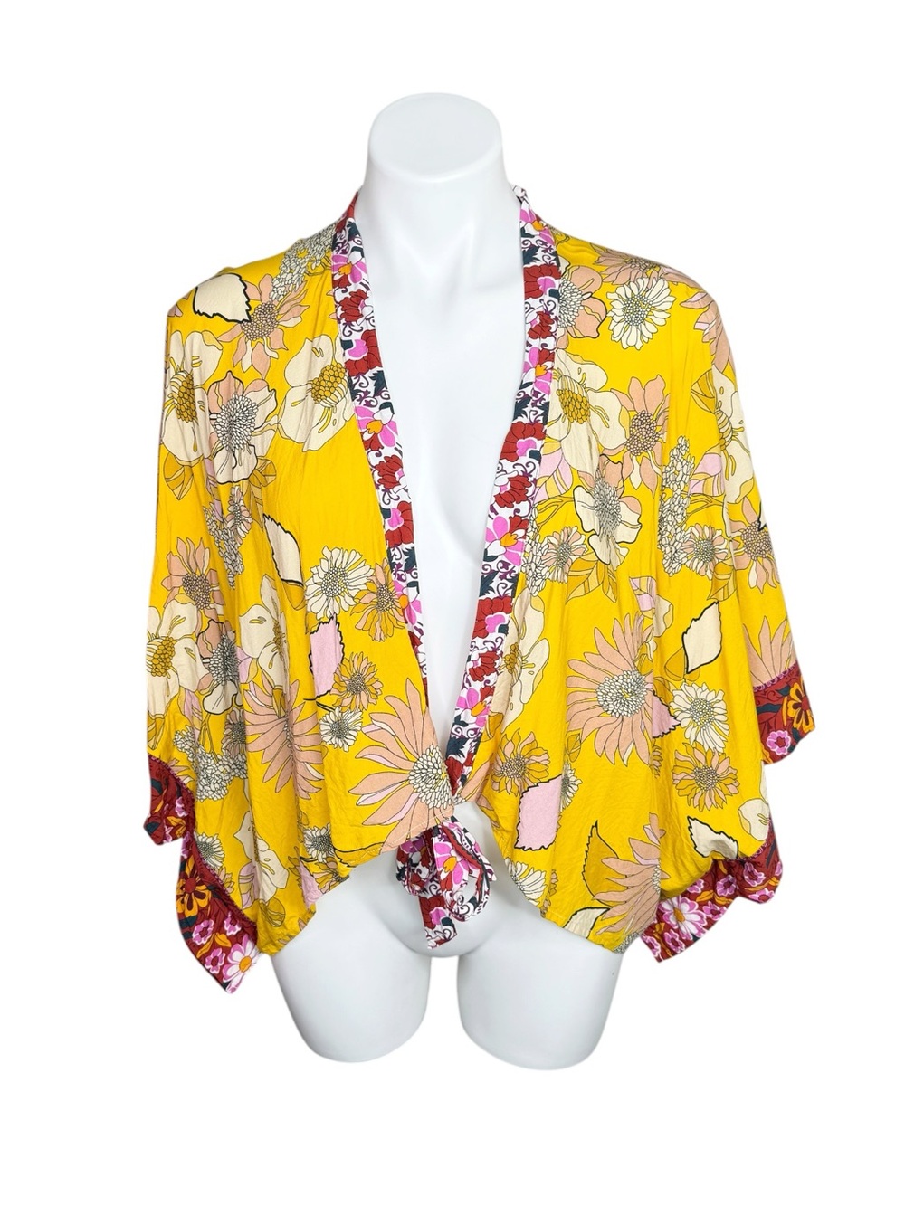 Anthropologie Tie Front Kimono Crop Top One Size Yellow Floral Rayon Resort Boho